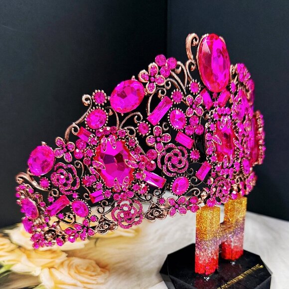 Vintage Handmade Crown, Fuchsia Crystal Crown, Victorian Tiara, Copper Crown main image 8
